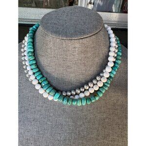 QVC Multi Gemstone Sterling Silver 3 Strand Necklace Cultured Pearls Turquoise